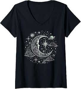 Women's Whimsical Crescent Moon and Stars Design V-Neck T-Shirt