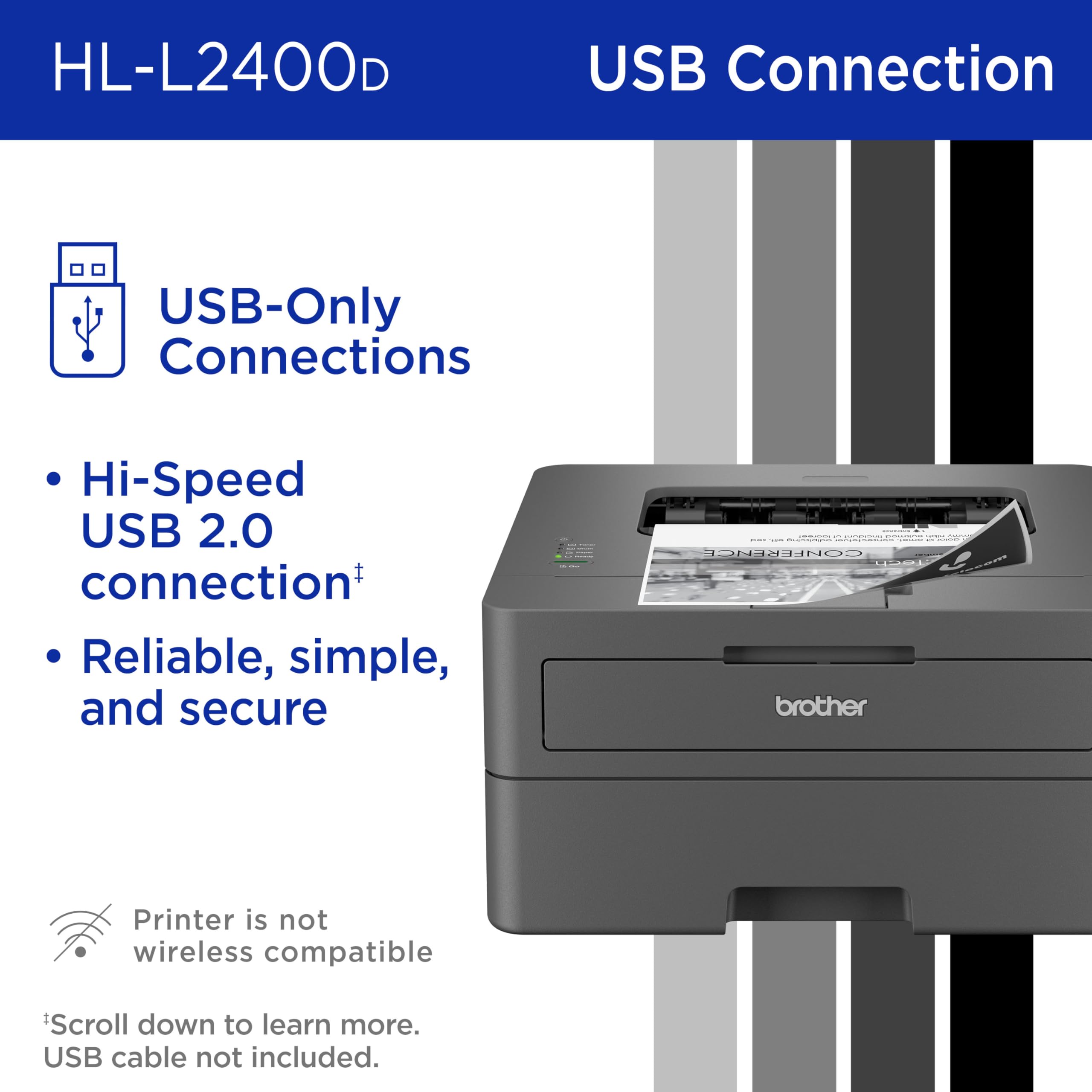 Brother Monochrome Laser Printer with 32 PPM Speed and Automatic 2-Sided Printing for Home Office, Fast Black and White Output, Compact Design with 250-Sheet Capacity (HL-L2400D)