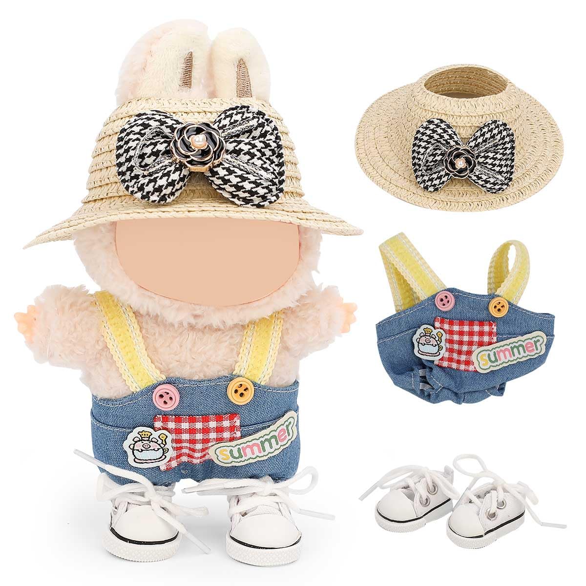LEWOTE Clothes Set Compatible for Labubu Doll, Hat Suit Ornaments Accessories Set for 17cm/6.7inch Doll (Overalls/Straw Hat/Shoes Set 3)