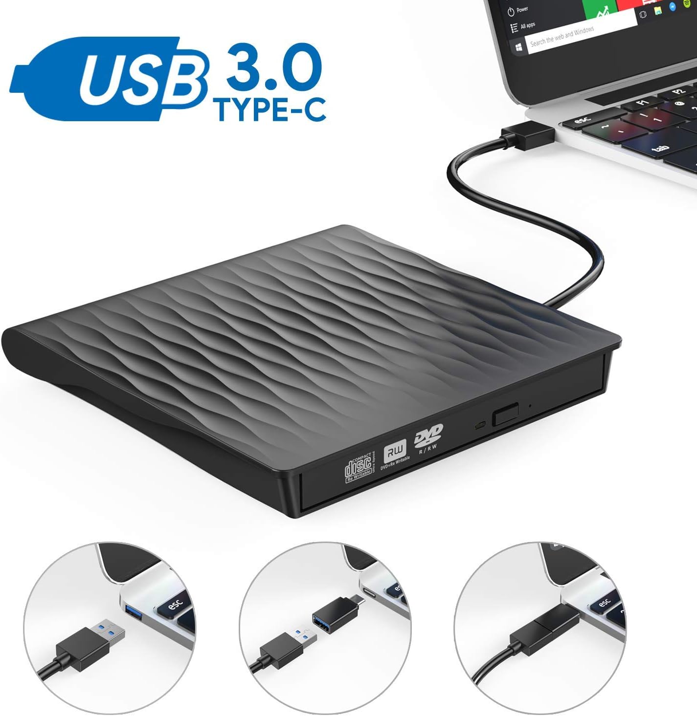 External DVD Drive, USB 3.0 + Type C Dual Port Ultra-Thin Rewriter Burner Writer High-Speed HD External Optical Drive Player for Mac/MacBook pro/Air/Laptop/Windows XP/7/8/10