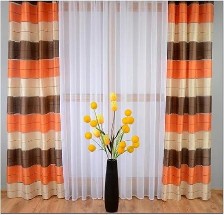 M Textiles Pair Pencil Pleat Striped Voile Curtains 57 X 90