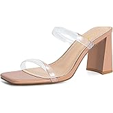 Athlefit Clear Heels for Women Square Open Toe Two Strap Heeled Sandals Slip On Block Chunky Heels Sandals Size 6