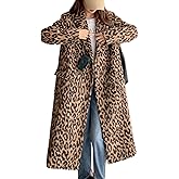 Sexyshine Women's Leopard Print Long Trench Coat Notched Lapel Double Breasted Pea Coat Wool Overcoat Jacket