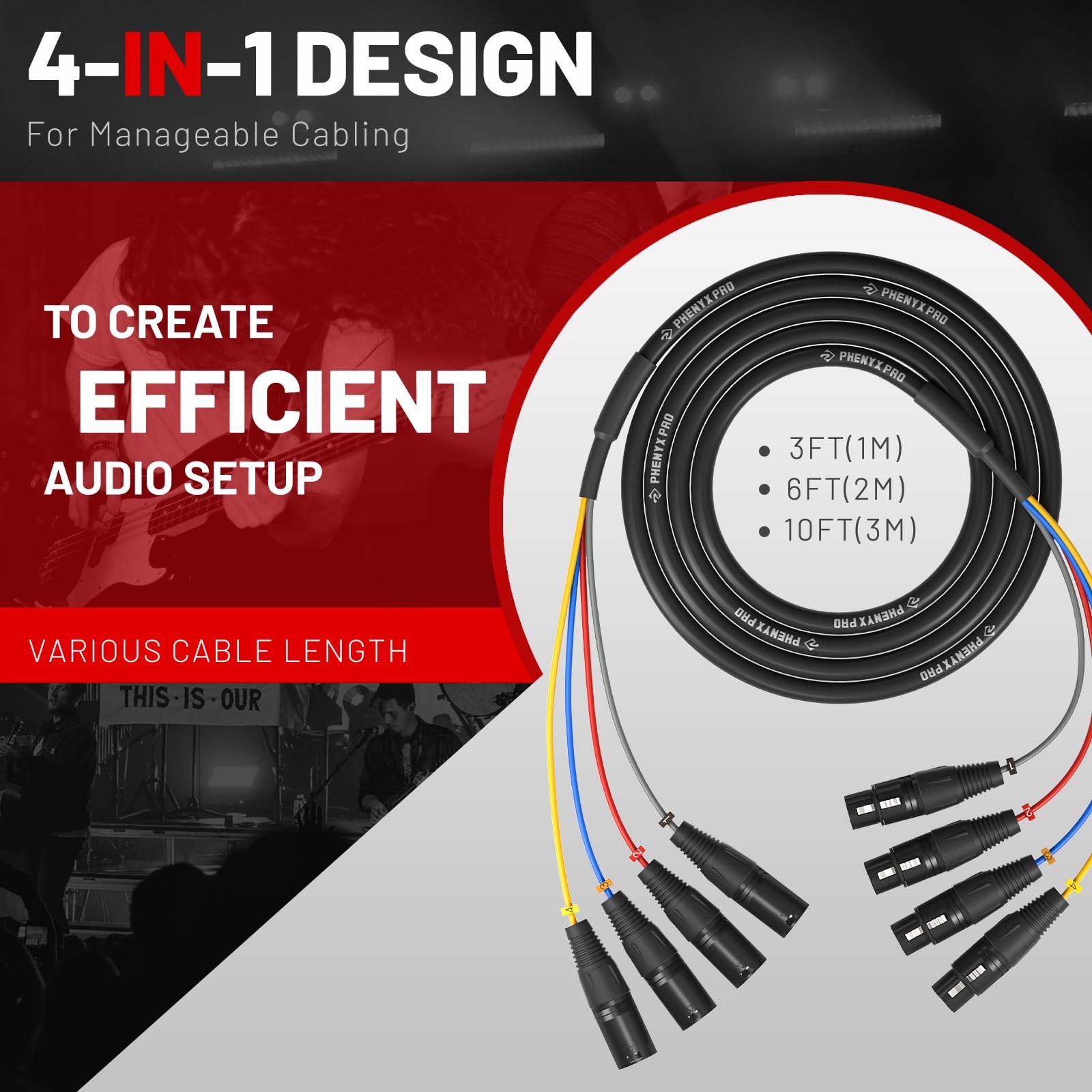 4 Channel XLR Cable, 3Ft XLR Snake Cable, Balanced Microphone Cable, XLR Splitter, Color-Coded, 4-in-1 Design, 3-PIN XLR Male to XLR Female Patch Cable Cords, w/OFC Copper (PCBL-4IN1-3)
