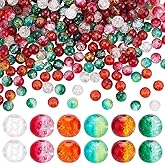 PH PandaHall 510pcs 6mm Christmas Glass Beads for Jewelry Making, 6 Colors Red Green Crystal Crackle Beads Round Craft Bead for Bracelets Necklaces Earring Holiday Crafts Xmas Tree Home Decoration