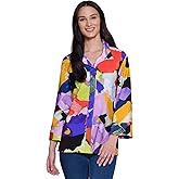 Ali Miles Printed Woven Button Front Tunic Point Collar Three Quarters Bell Sleeves