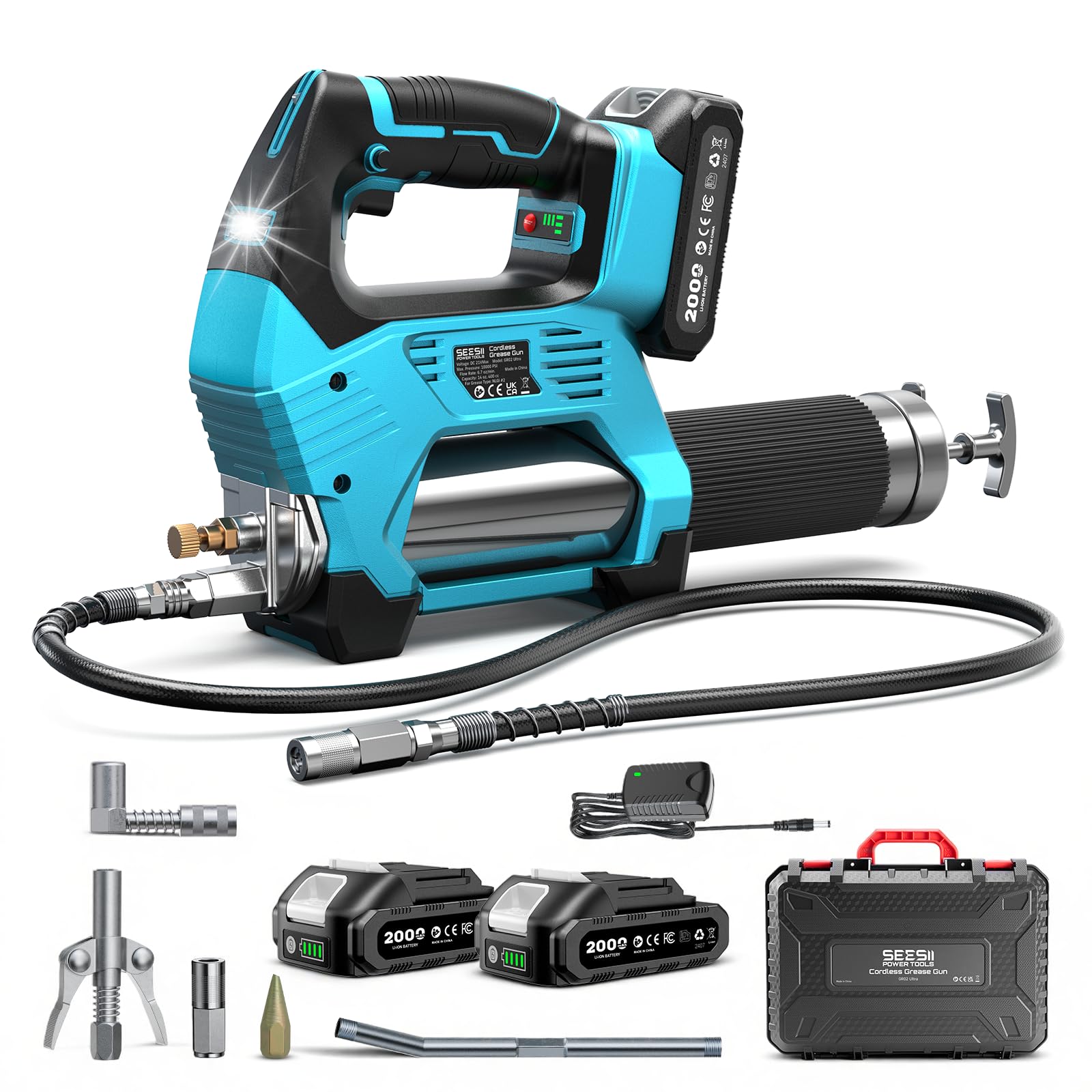 Photo 1 of Seesii 10000PSI Electric Grease Gun: 3 Speed Control Battery Powered Grease Gun Cordless with 2 Batteries, Brushless Motor, 39.4” Long Hose, 90 Degree Coupler & LED Light for Heavy Duty Equipment