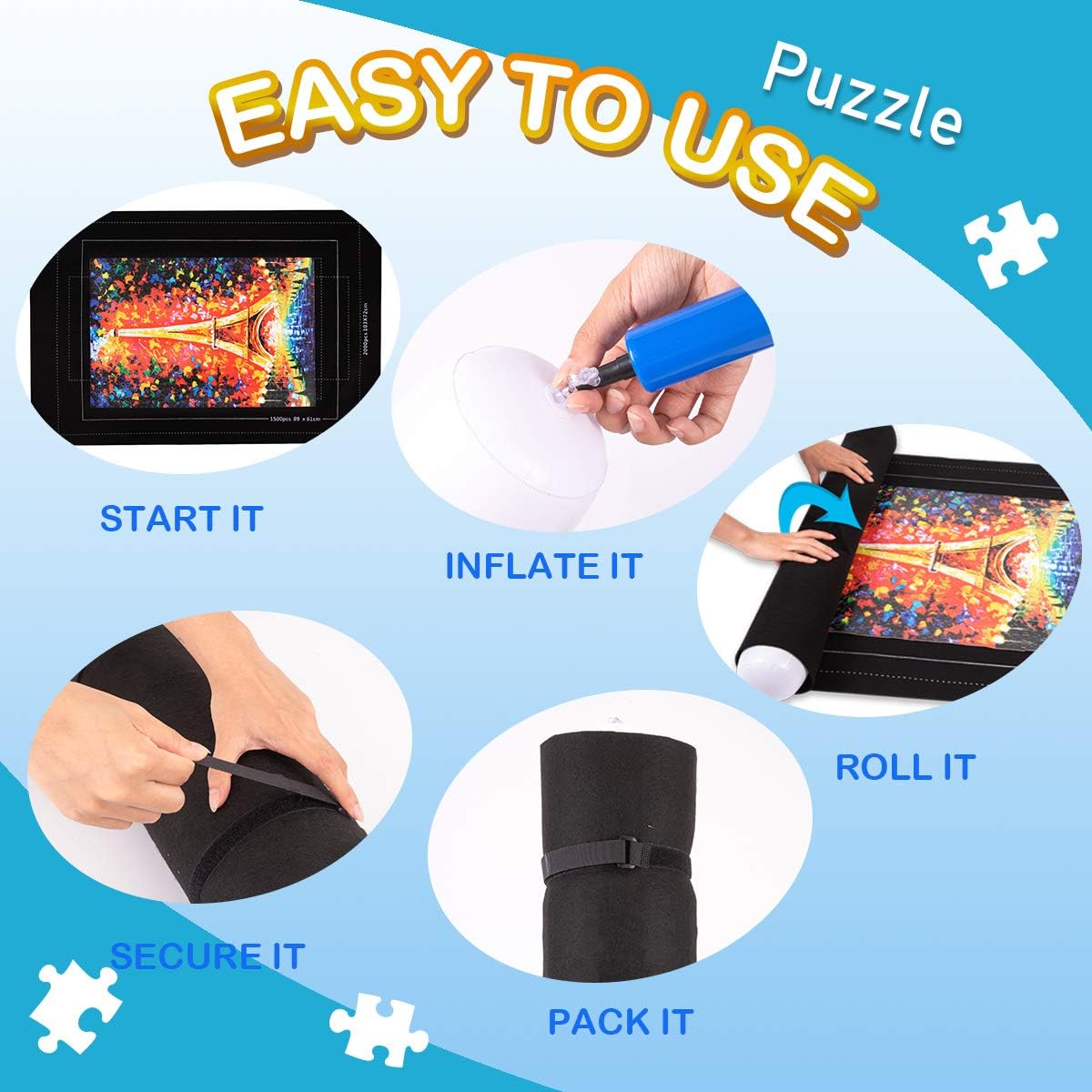 Large Jigsaw Puzzle Mat Roll Up, Large Mat Roll Up 2000 Pieces Puzzles Keeper Mat 46" X 32" Felt 2MM Thicker Puzzles Storage Transport Saver Board, Inflatable Tube, Handle Pump, 3 Velcro Fasteners: Toys & Games