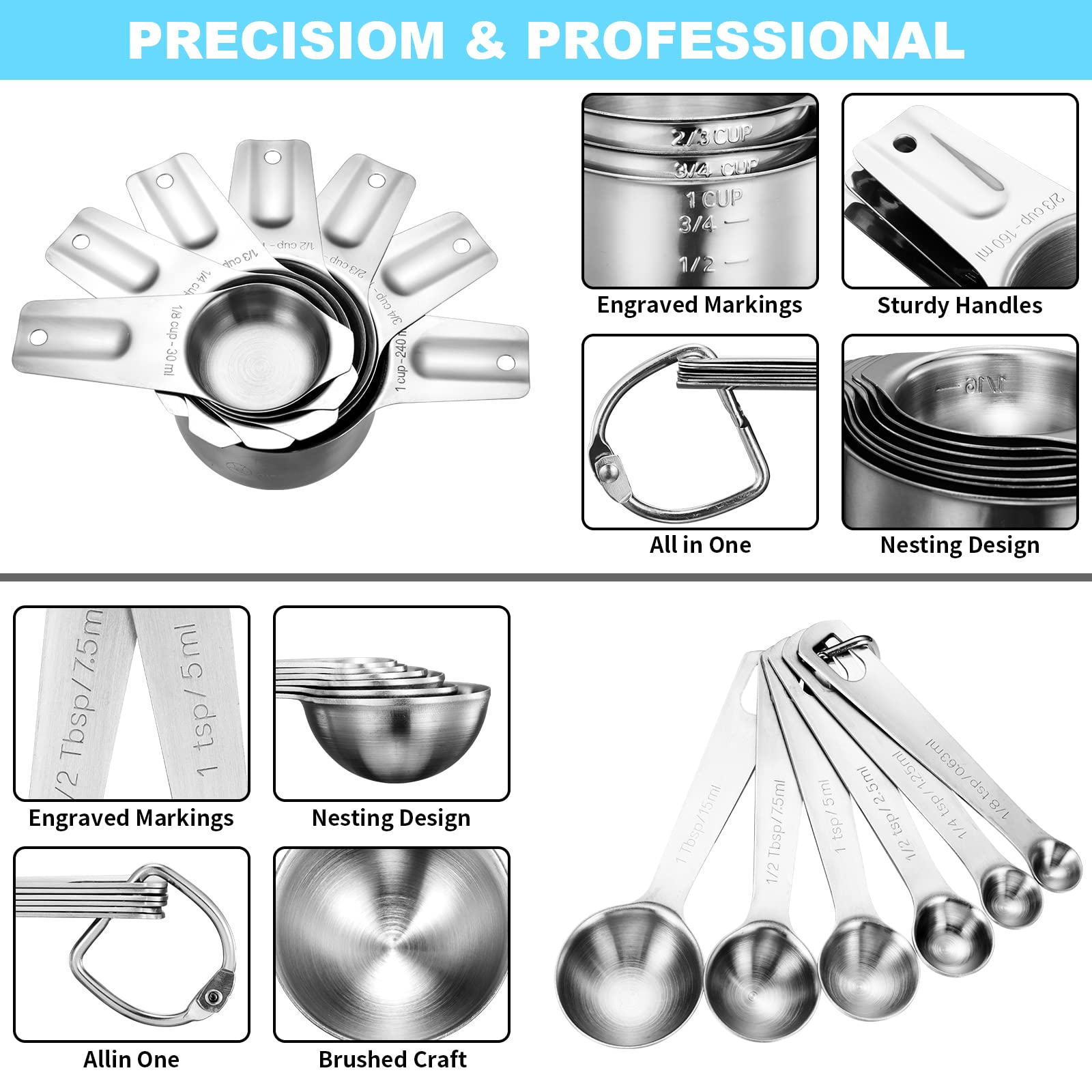 20-Piece Measuring Cups and Spoons Set, Nesting Stainless Steel Measuring Cups Spoons with Plastic Measuring Cup for Dry and Liquid Ingredients, Kitchen Cooking & Baking Gadgets