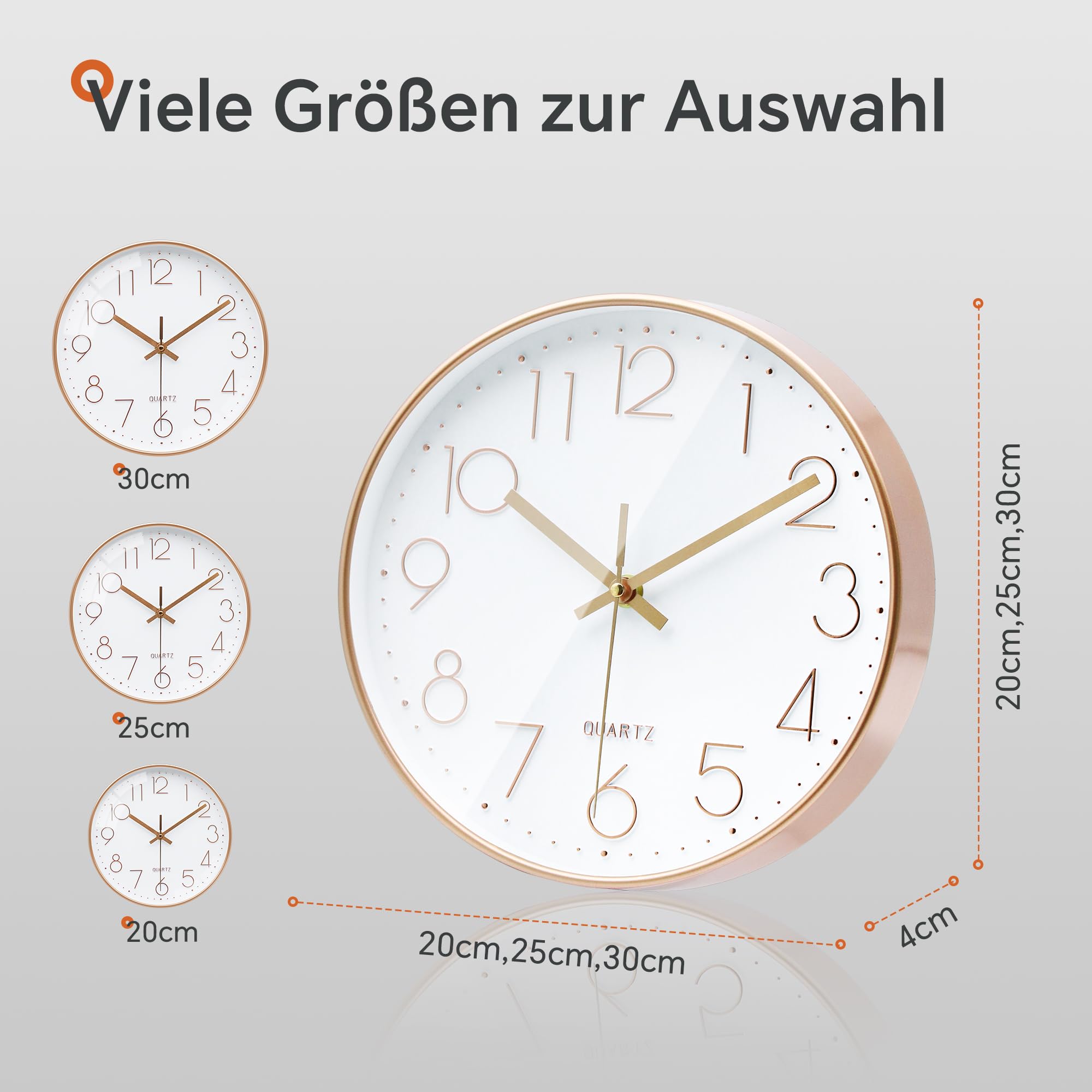 VIKMARI Modern Wanduhr Rund Roségold Geräuschlos Batteriebetrieben Glas Wanduhr für Wohnzimmer Schlafzimmer Büro Küche, 25cm 2