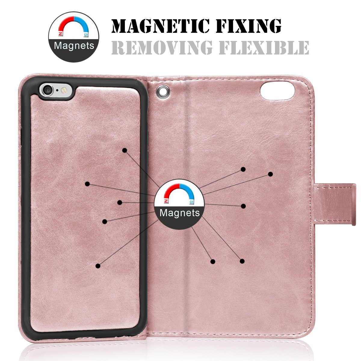 iPhone 6S Case, iPhone 6 Case, Vofolen 2 in 1 iPhone 6S Wallet Case Folio Flip PU Leather Case Magnetic Detachable Slim Back Cover Hard Case Card Holder Wrist Strap for iPhone 6 6S 4.7 inch -Rose Gold