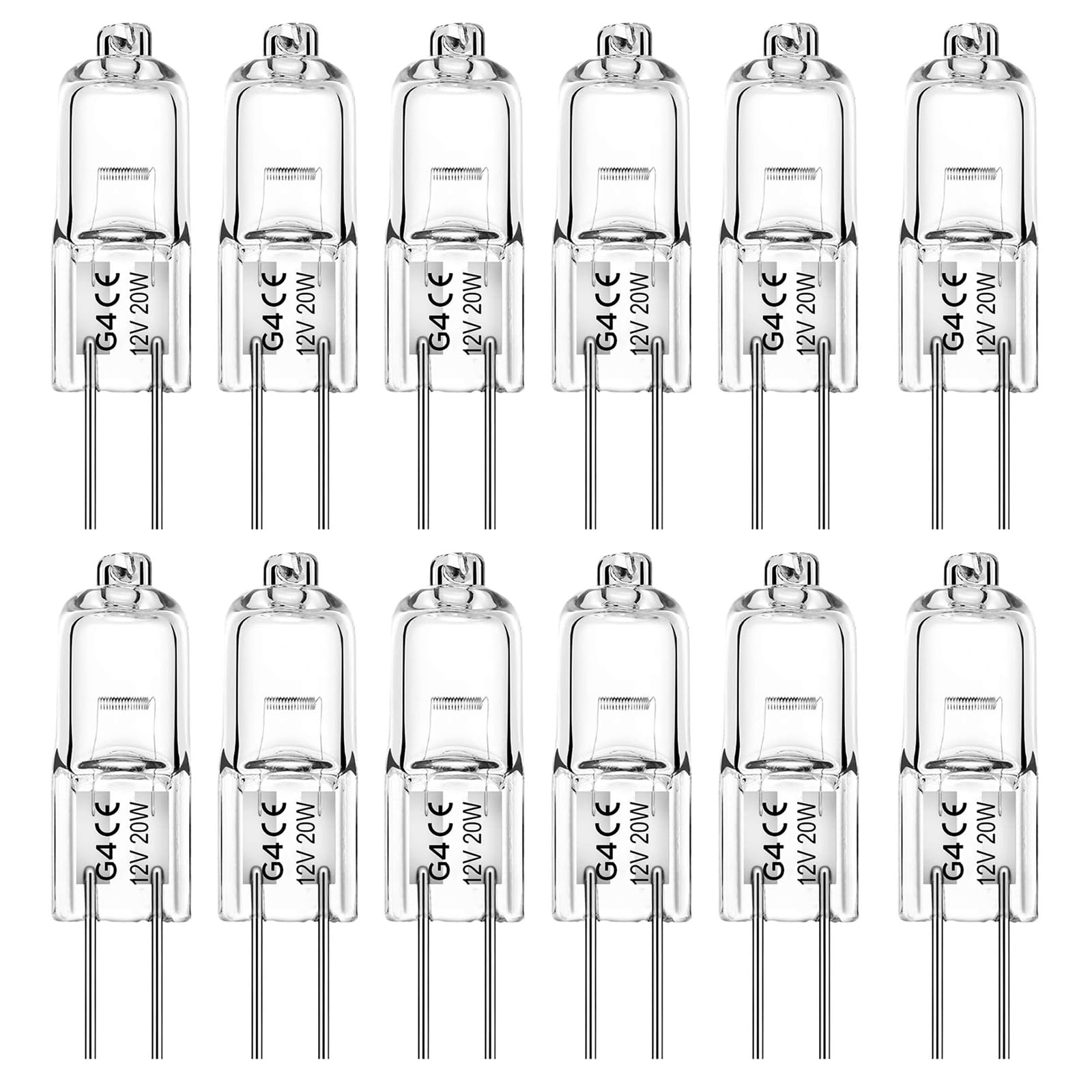 Jaenmsa G4 Halogen Light Bulbs 20W 12V, 12 Pack 2 Pin Light Bulbs Clear Capsule Lamp Bulb Warm White Dimmable for Ceiling Lights, Table Lamps, Cabinet Lights