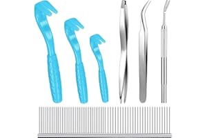 MEISO 7 Pcs Tick Removal Tool Kit, Includes 3 Pcs Plastic Removers, 3 Pcs Stainless Steel Tweezers, 1 Pcs Comb, for Pets and 