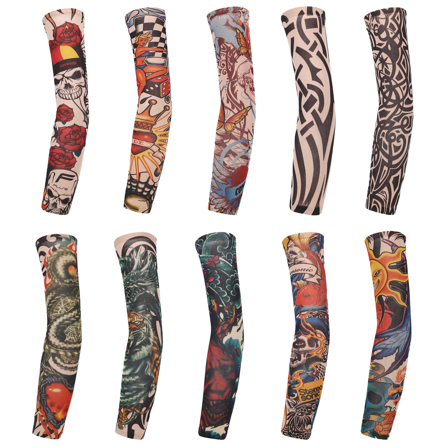 TRKETK 10 Pcs Art Tattoo Sleeves - 39CM Unisex Sunscreen Slip-On Cover for Halloween Basketball Biker Party Sun Block
