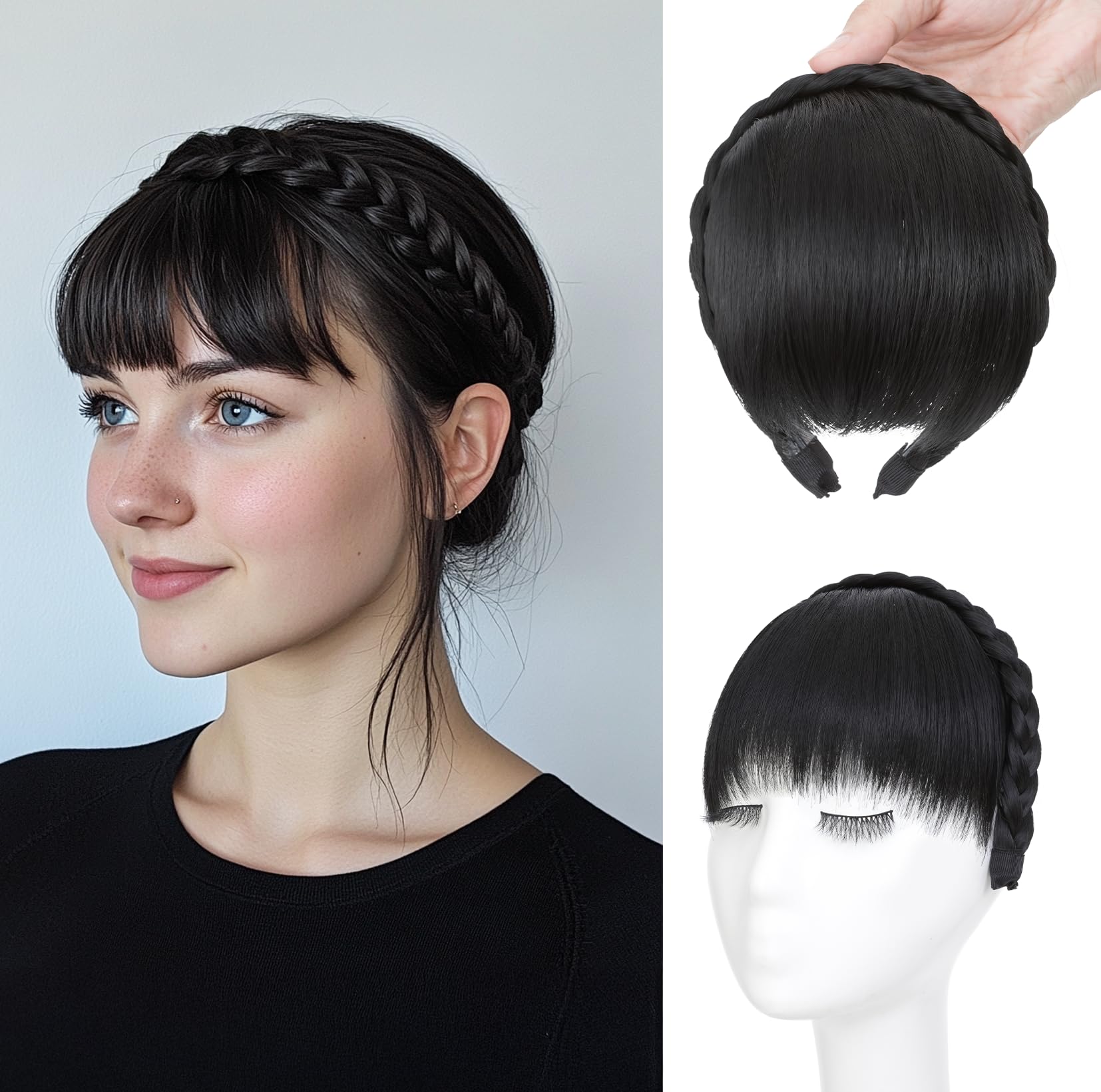 S-noilite Headband with Bangs, Front Hair Bangs Wigs Headband, Synthetic Braided Headband Wig with Bangs Fringe Hair Extensions Hairpiece for Women Girls - Natural Black — image 1