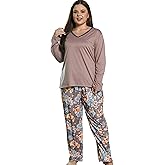 Vozanet Women Plus Size Pajama Sets Sexy V Neck Long Sleeve Long Pants Sleepwear Elegant Floral Pattern Jammies Size XL to 5X