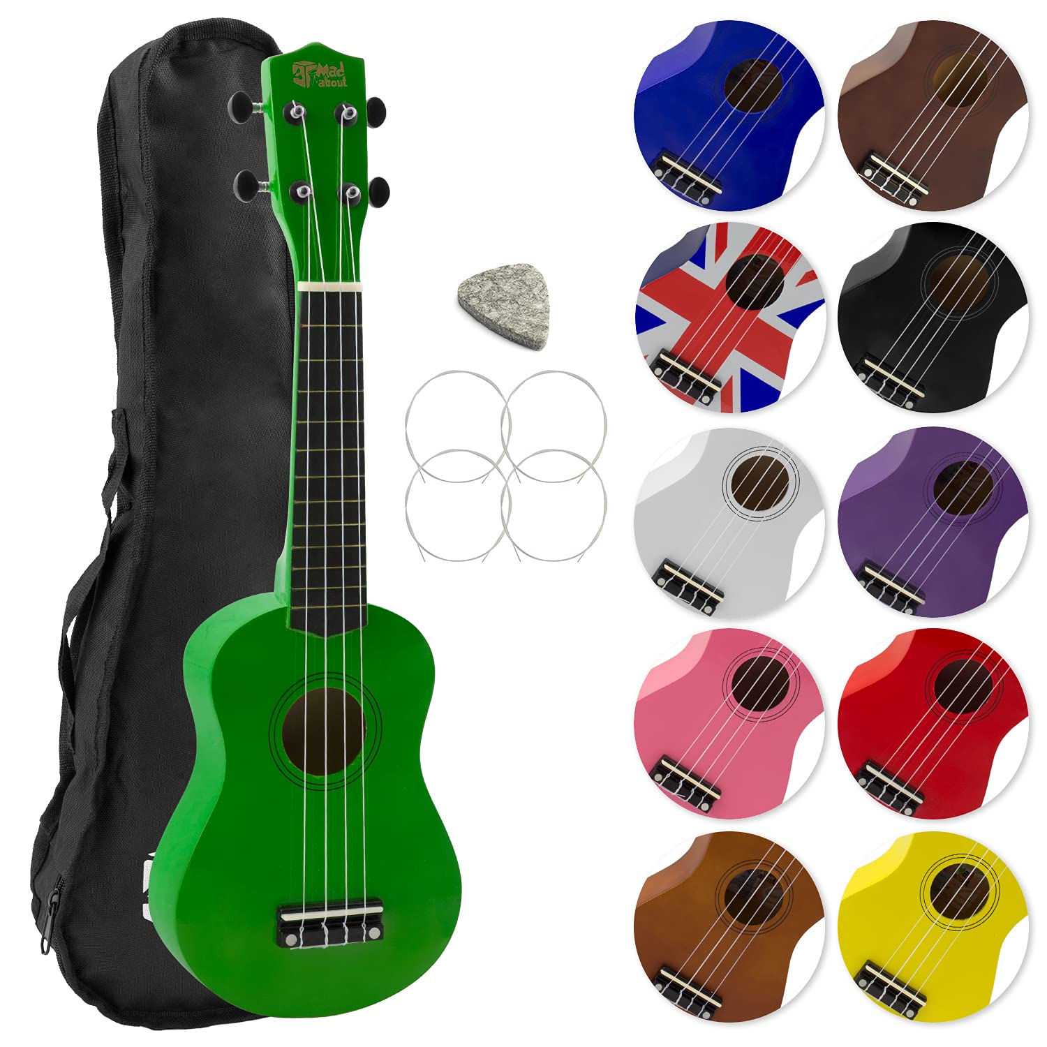 Mad About SU8 Soprano Ukulele in Green with FREE Gig Bag, Pick, and Spare Strings – Great for Schools and Beginners, Now With Carbon Black Strings for Improved Tuning