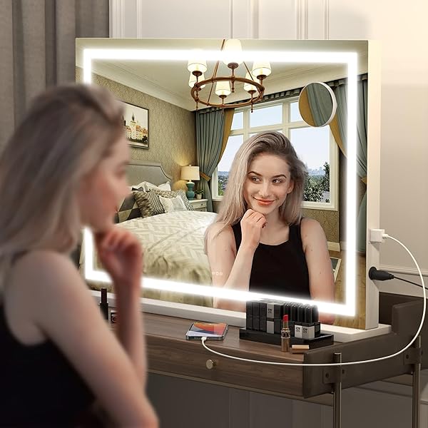 HASIPU VANITY MIRROR WITH LIGHTS, 28″ X 20″ LED MAKEUP MIRROR, LIGHTED MAKEUP MIRROR WITH DIMMABLE 3 MODES, TOUCH SCREEN CONTROL VANITY MIRROR SQUARE WHITE