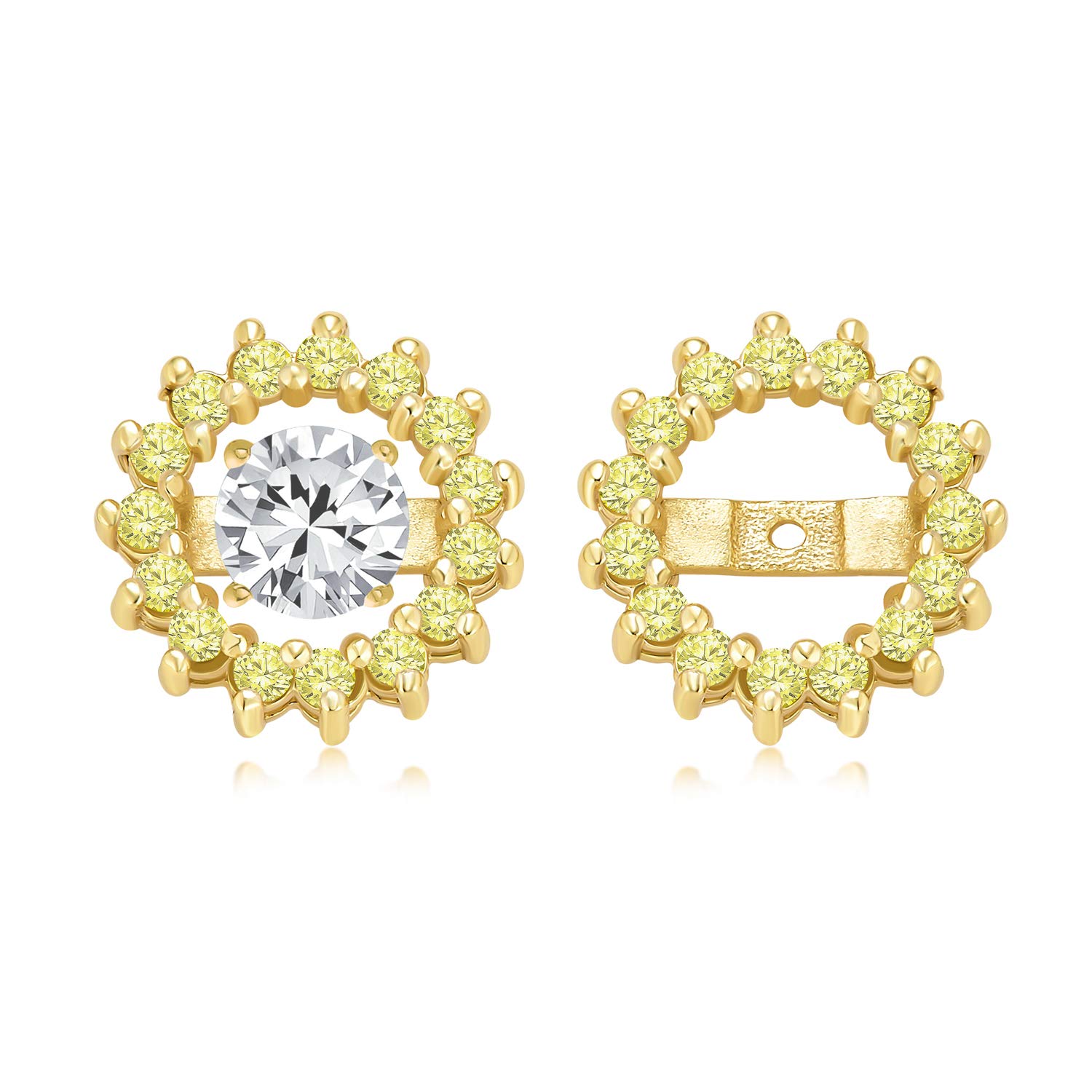 Canary Yellow Cubic Zirconia CZ Round Pave Halo Earrings Jackets For Studs Jacket Only For Women Gold Plated .925 Sterling Silver