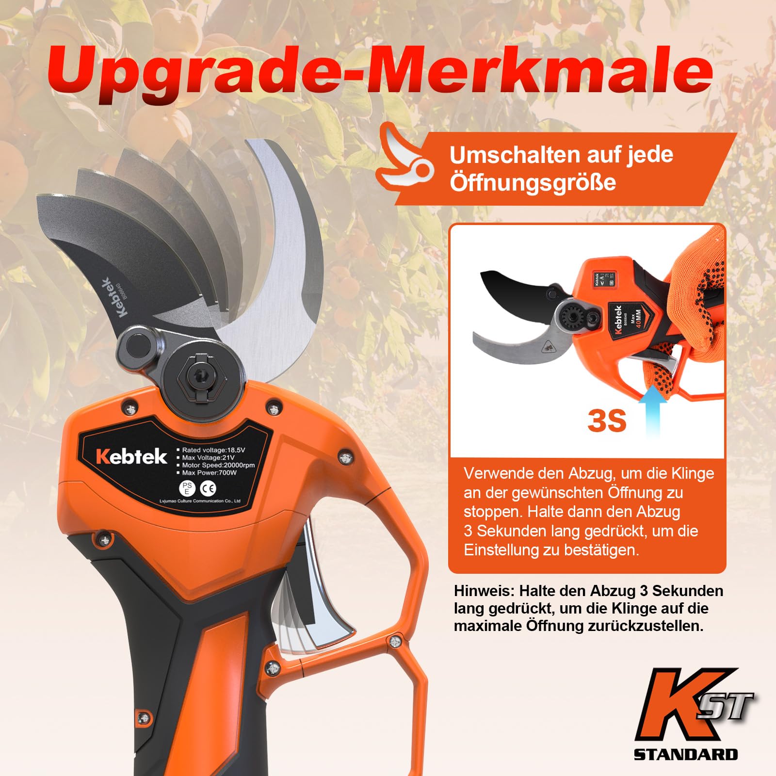 Kebtek B06640 Elektrische Gartenschere mit Akku progressive Schnittfunktion, Max 40mm profi kabellose astschere mit 4000mAh Akku, kompatibel mit Makita 18V Akkus, tragbares Gartengerät 3