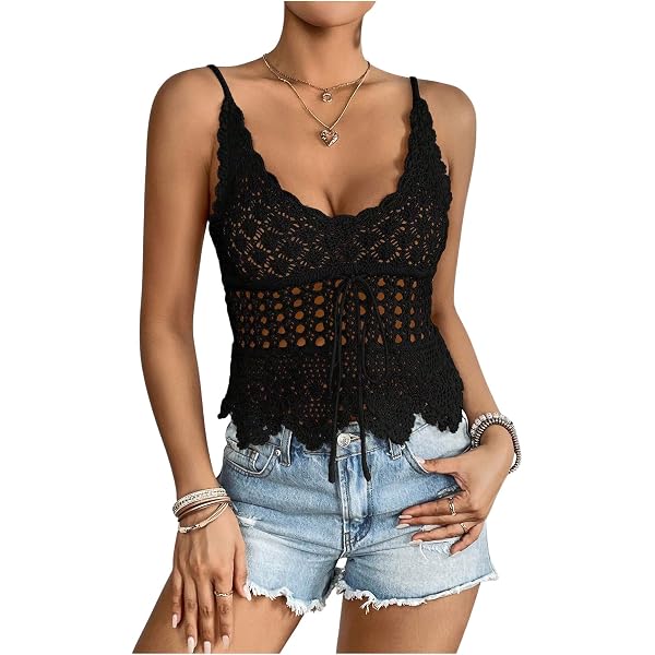 SHENHE Women's Crochet See-Through Square Neck Sleeveless Crop Top - Hollow Out Backless Summer Cami