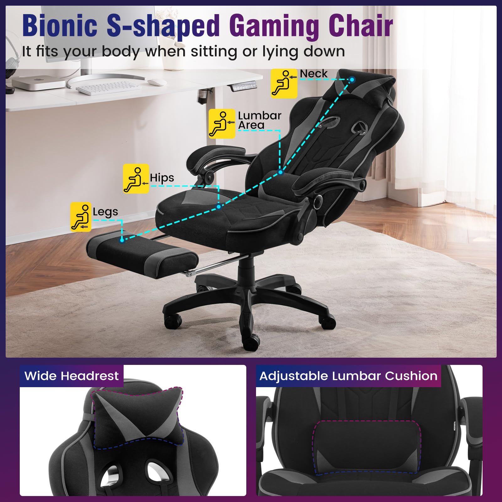 WOLTU Gaming Stuhl Stoff Stoff Kühl im Sommer Ergonomischer, 150 kg Belastbarkeit Verstellbarer Rückenlehne, Ergonomische Lendenstütze, Fußstütze, Büro- & Game-Sessel, Schwarz+Grau 4