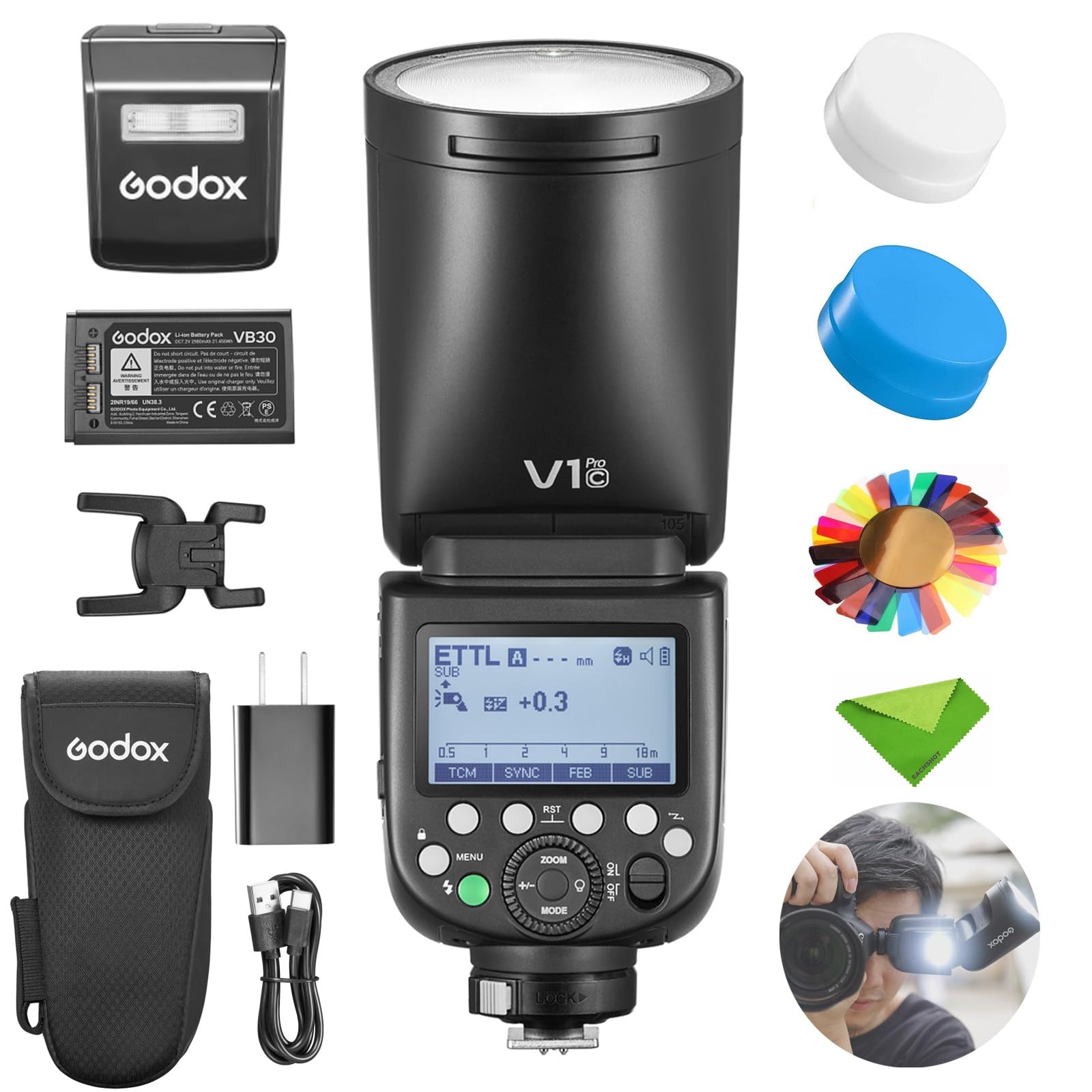 V1 V1Pro C Flash for Canon Camera TTL Speedlight, 1/8000 HSS 500 Full Power Flashes, 1.3s Recycle Time, 2.4G Wireless with External Flash SU-1 for Canon EOS Cameras(Godox V1-C Upgraded, V1Pro-C)