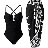 ININSANI Women's One Piece Swimsuit with Skirt Retro Tummy Control Slimming Bathing Suit Wrap Cover Up Set