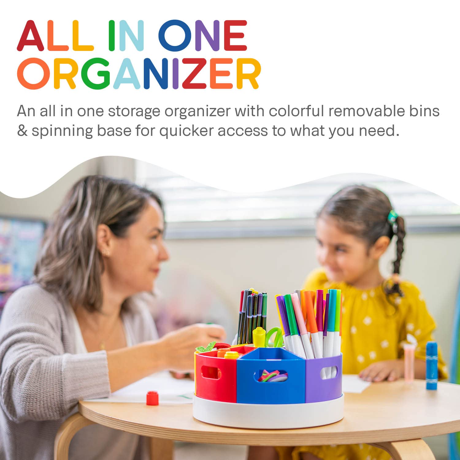 PUZZLE EZ Kids Crayon Organizer and Storage - Lazy Susan School Art Supplies Caddy for Classroom | Rotating Kids Desk Organizer | Pencil Marker Stationary Holder for Teachers & Students