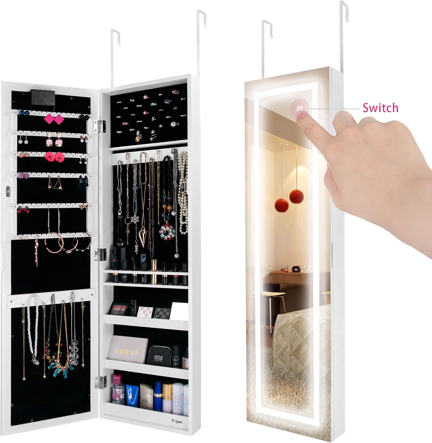 Ezigoo Full-Length Mirror Jewelry Cabinet with Storage - LED Lighted, Lockable, and Versatile Wall-Mounted Design - Image 3