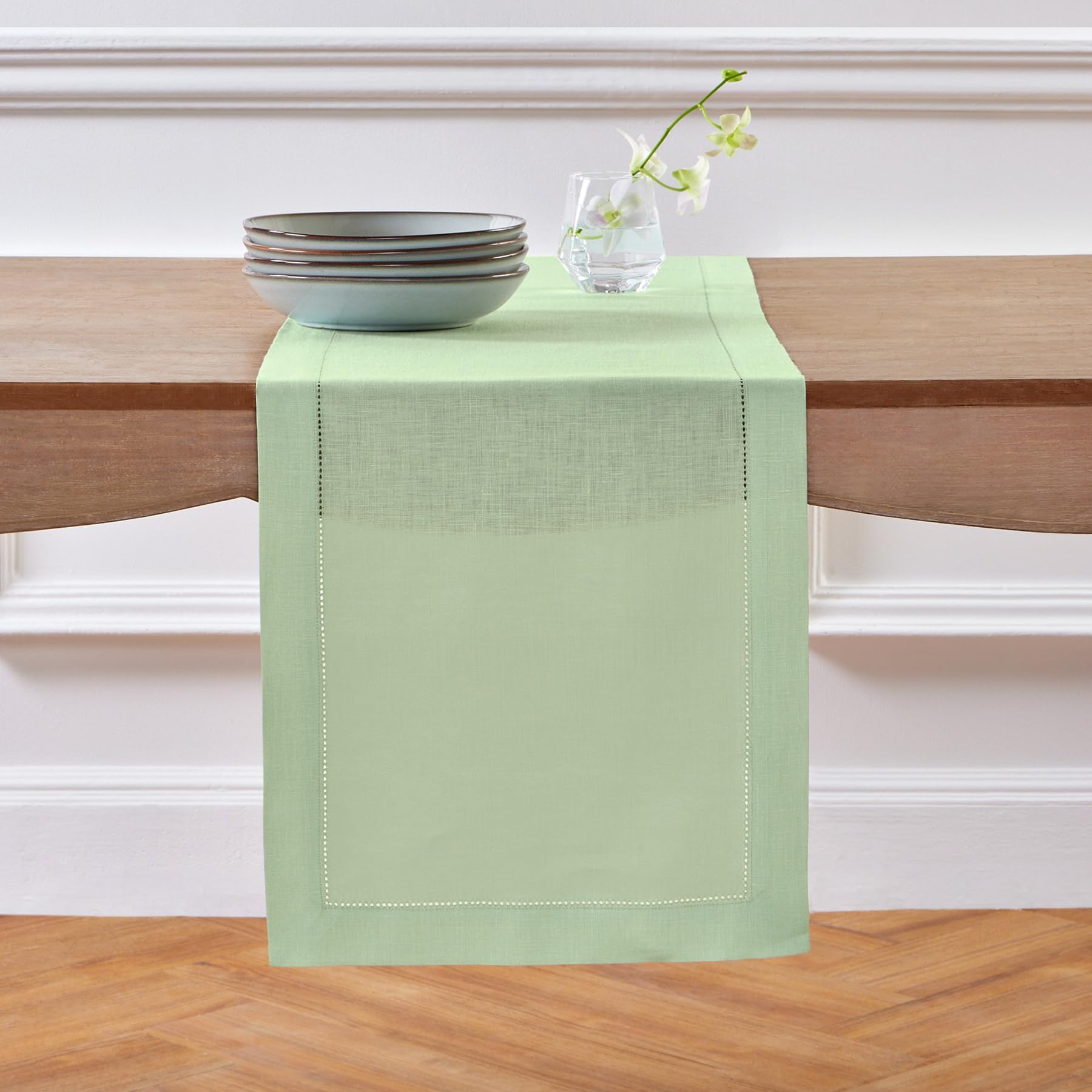 Photo 1 of Solino Home Linen Table Runner 120 Inches Long - 100% Pure Linen Light Green Table Runner 14 x 120 Inch - Classic Hemstitch