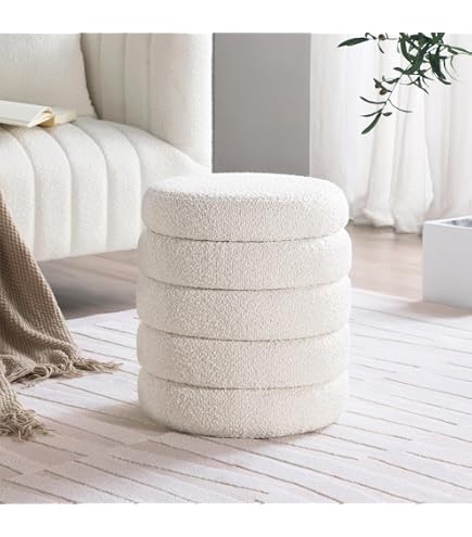 Pouf Ottoman Rond Pivotant - Cuir PU, Rembourré, Base Tournante, Pour Coiffeuse, Salon, Chambre (beige, 37x55 Cm)