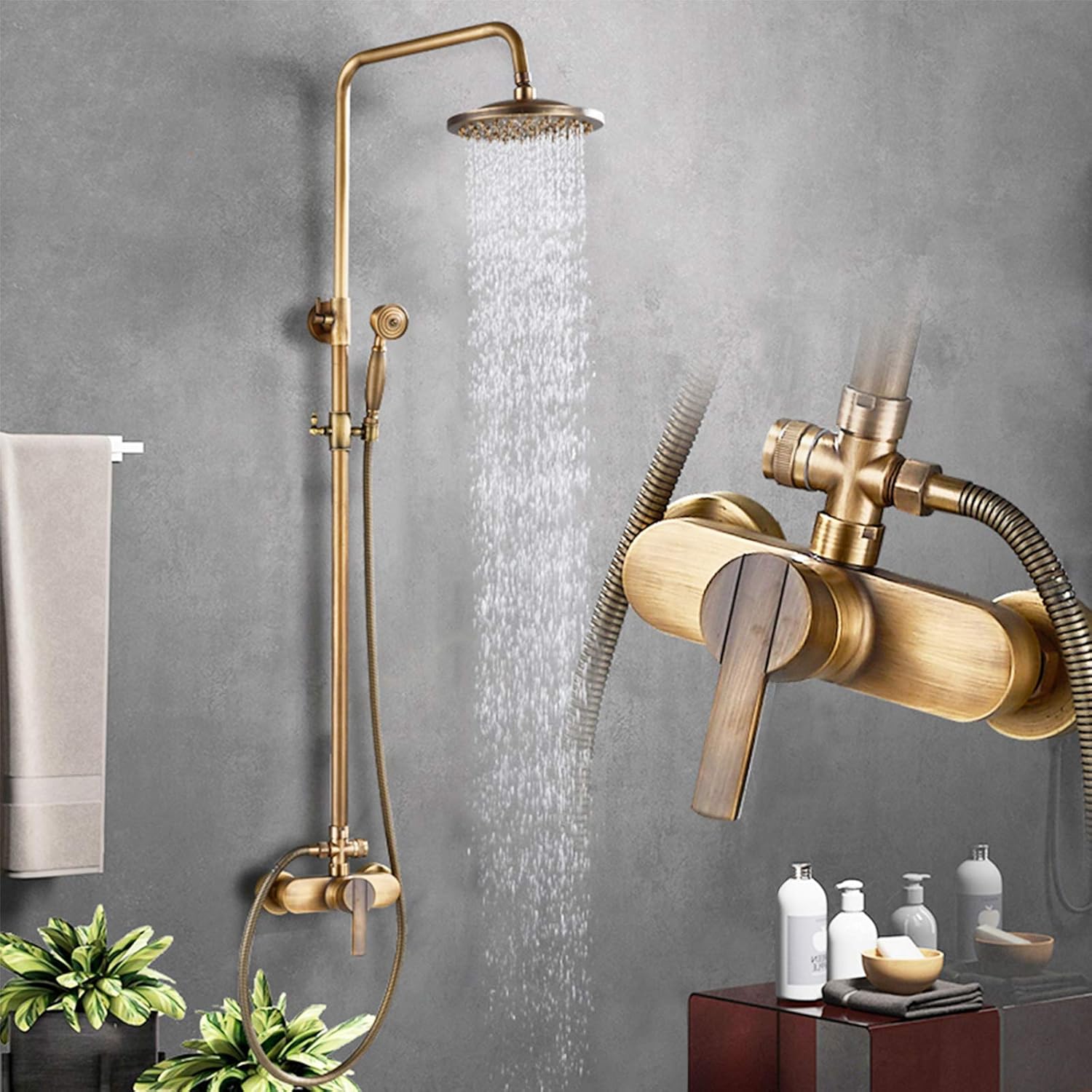 Rozin Antique Brass Shower System with 8 Inch Rain Shower Head and Hand Shower Single Handle Ready Wall Mounted Retro Shower Set