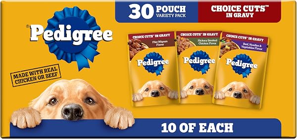 Pedigree Choice Cuts Wet Dog Food Pouch, Protein Variety, 3.5 oz, 30 Count | Beef, Chicken & Filet Mignon, no added sugars or