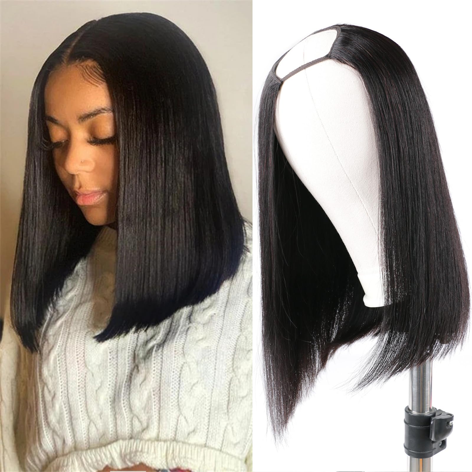 Huairisi 14 Inch U Part Wigs Human Hair None Lace Short Bob Wig for Women U-shape Glueless 100% Unprocessed Brazilian Straight Virgin Hair Shoulder Length Natural Colour — image 1