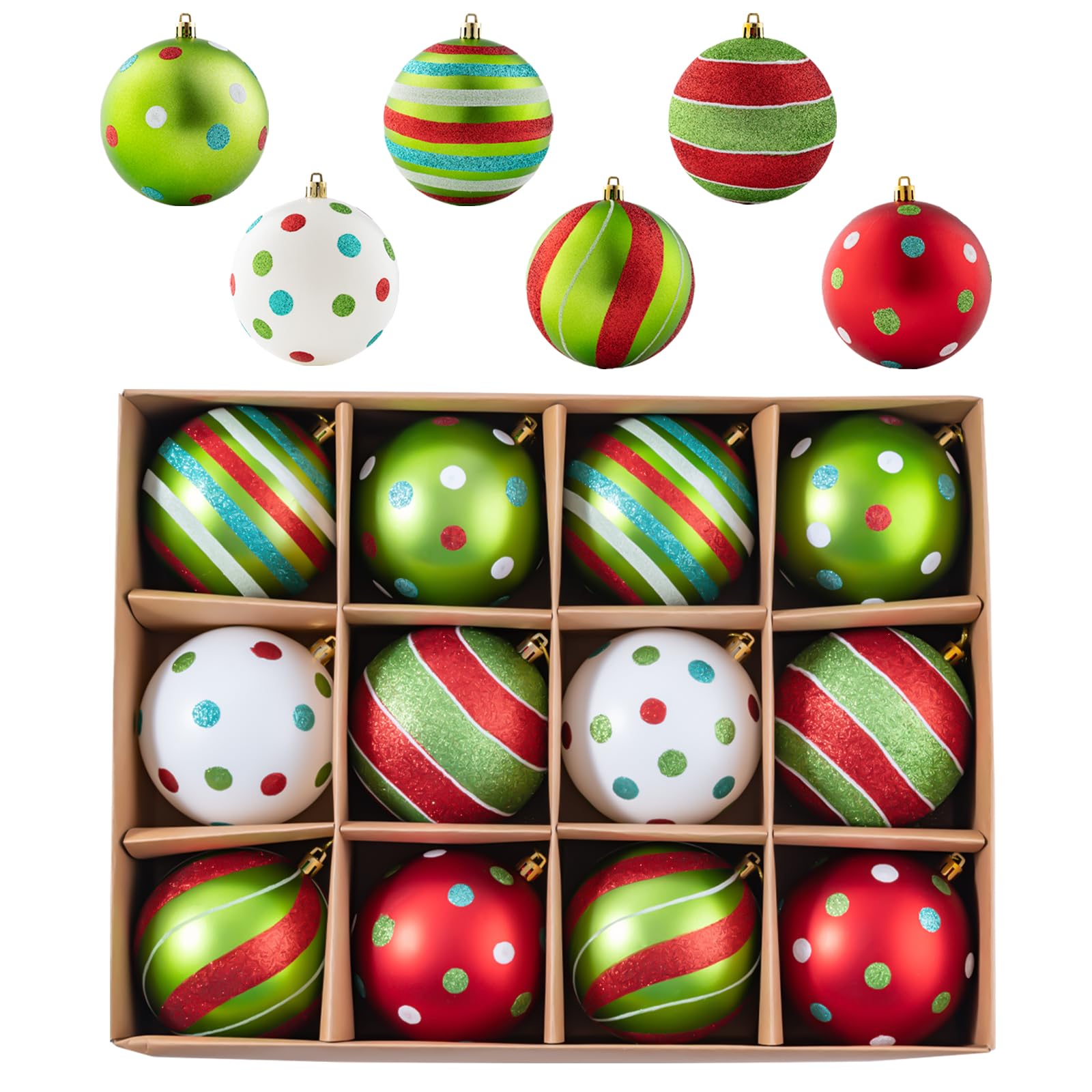 Photo 1 of 4 Inch Large Christmas Ball Ornaments, 12PCS Shatterproof Red Green White Christmas Ornaments for Tree, Classic Polka Dot Christmas Baubles Hanging Decor for Xmas/Wedding/Party/Mall/Festival