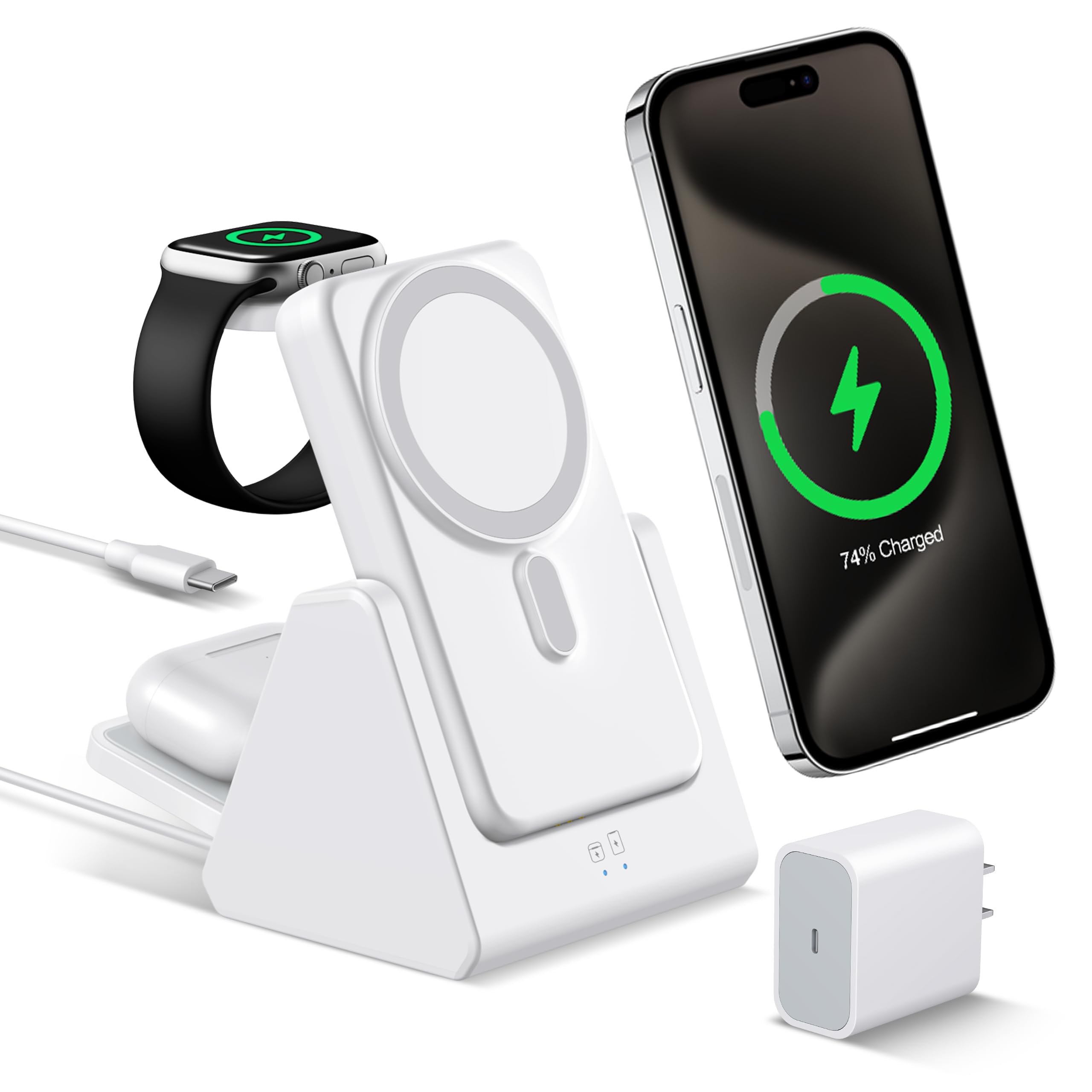 Smtcsl 3-in-1 Wireless Charging Station: Portable 10000mAh Power Bank Charger Compatible for Phone Air/17/16/15/14/13/12 Series and Watch - Detachable Magnetic Charging Stand White