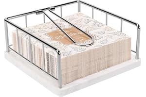 Livabber Flat Napkin Holder, Metal Kitchen Napkin Storage with Weighted Tension Arm Rustic Tissue Paper Dispenser for Countertop, Table Kitchen, Dining Room (With Marble Base, Chrome)