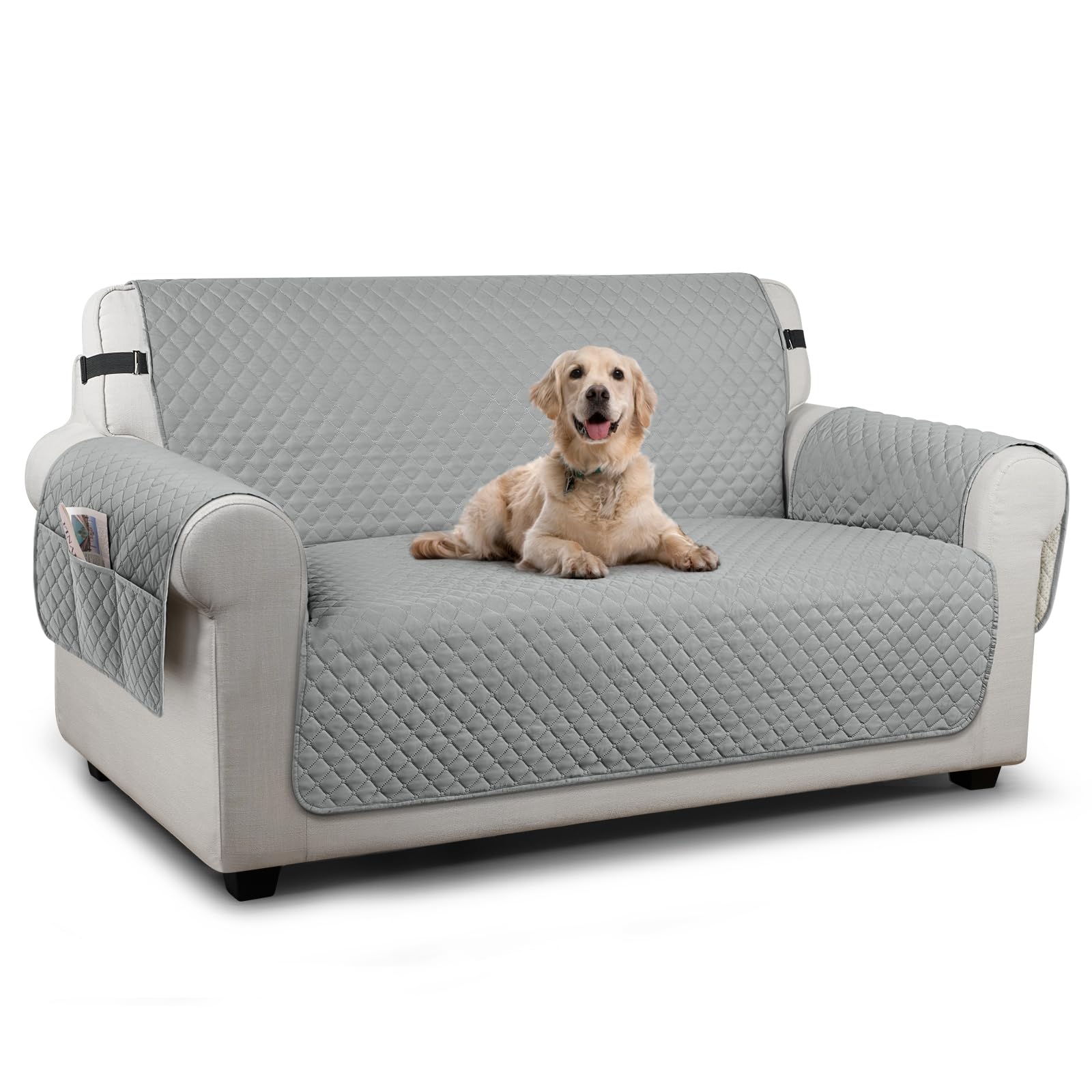 TAOCOCO Sofa 2 Seater Cover,Couch Covers with Storage Pockets,Anti Slip Settee Chair Covers,Machine Washable Sofa Protector for Dogs(Pale Grey)