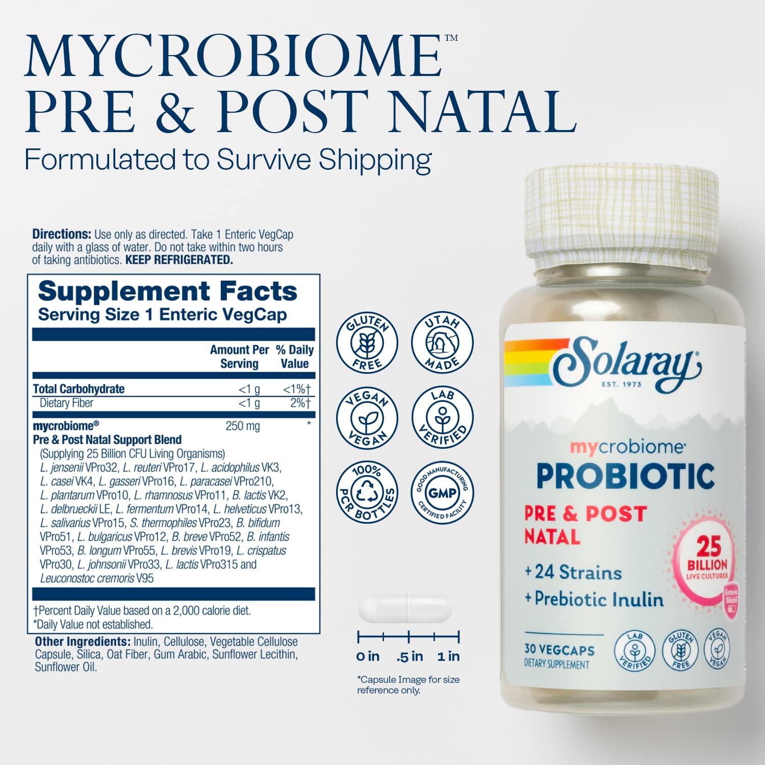 SOLARAY Mycrobiome Probiotic Pre and Post Natal Formula, Prenatal Probiotics for Women, Pregnancy Wellness, Lactation, Stress, Mood, and Digestive Support, 25 Billion CFU, 30 Servings, 30 VegCaps