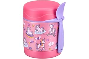 Pawtong 10oz Soup Thermo for Hot Food Kids Insulated Food Jar,Thermo Hot Food Lunch Container, Width Mouth Stainless Steel Lunch Box for Kids with Spoon (Pink-Cute Horse)