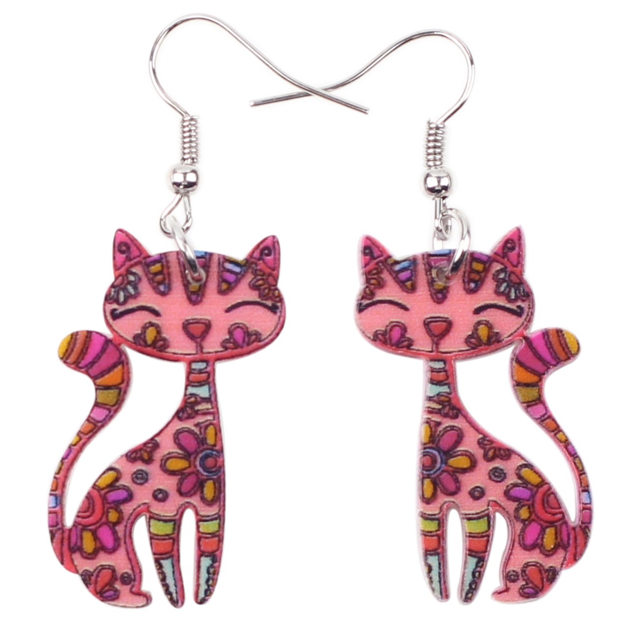 Bonsny Acrylic Long Drop Dangle Cat Earrings "CAYLEIGH Statement Pop-Art Kitten Gift Women (Pink)