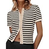 Saodimallsu Womens Striped Short Sleeve Sweater Tops Polo Collared Button Crochet Summer Cropped Cardigan