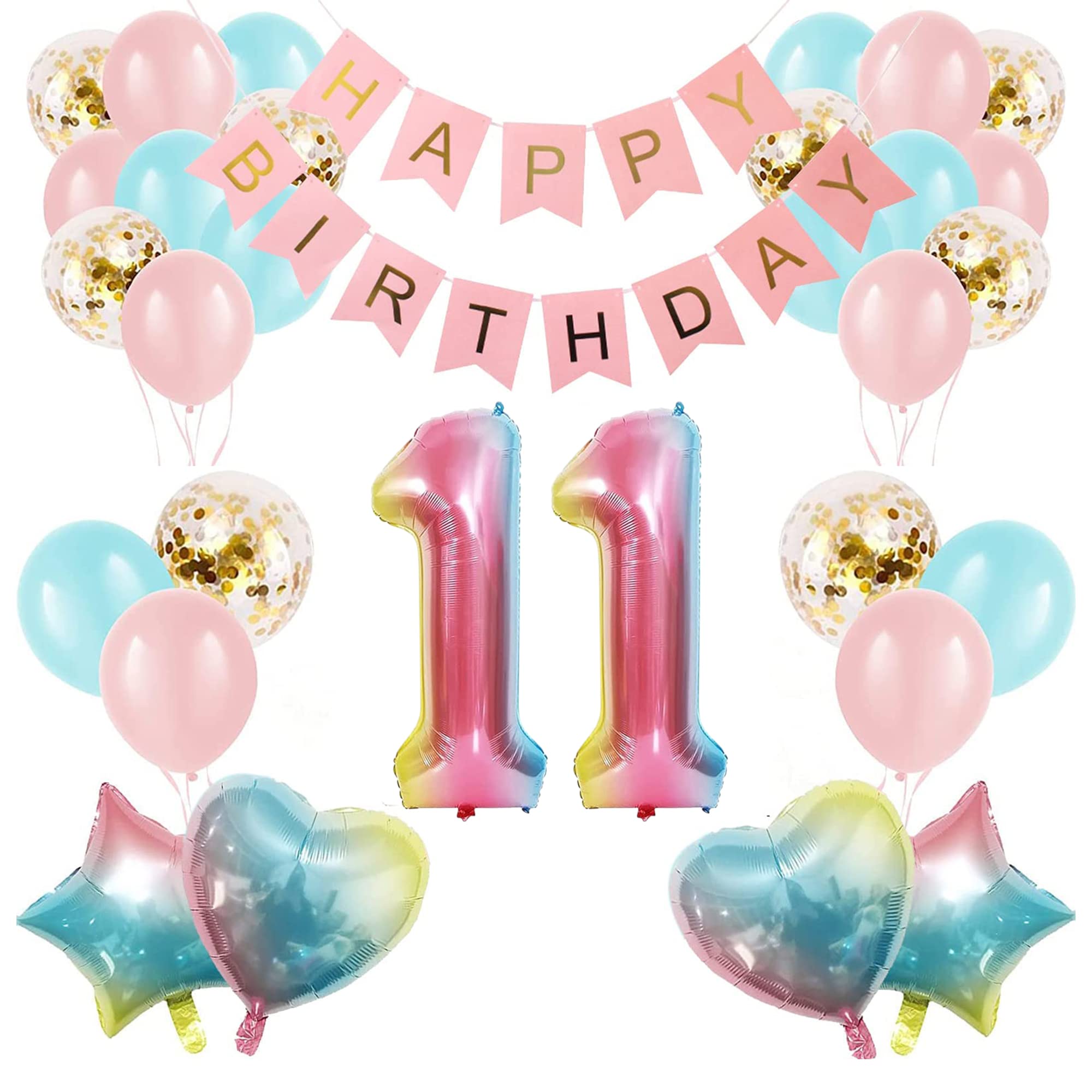 Apradas Baby Girl 11th Birthday Decor Gradient color Age 11 Balloons with Happy Banner for showers Eleventh Party Supplies Girls Boys (11st-Birthday), Medium (BL-248)