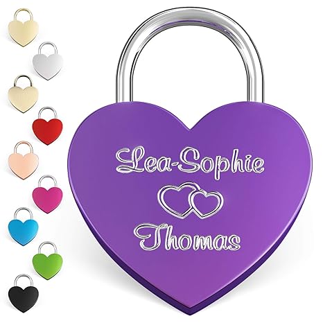 LIEBESSCHLOSS-FACTORY Liebes Herzschloss lila mit Gravur, gratis Geschenk-Box uvm... Jetzt graviertes Schloss selbst gestalte