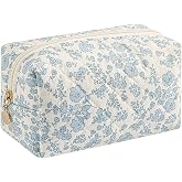 WHHJM Cute Floral Makeup Bag, Blue Floral | Small, Cotton Quilted, Aesthetic Essential Bag, Emergency Bag, Gift for Women Girls Travel Accessories
