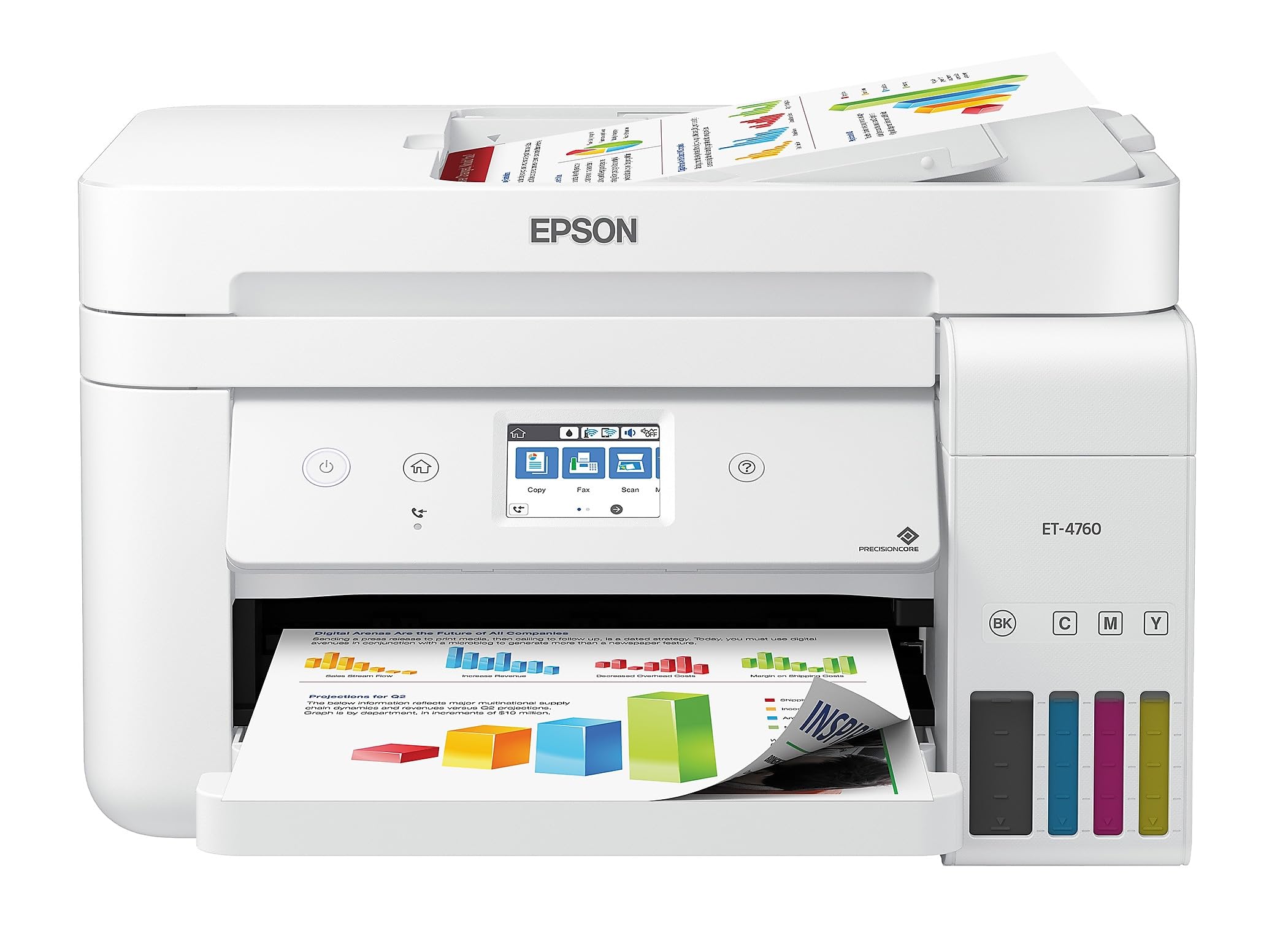 Epson EcoTank ET-4760 Impresora Supertank multifunción en color inalámbrica sin cartuchos con escáner, fotocopiadora, fax, alimentador automático de documentos y Ethernet - Blanco