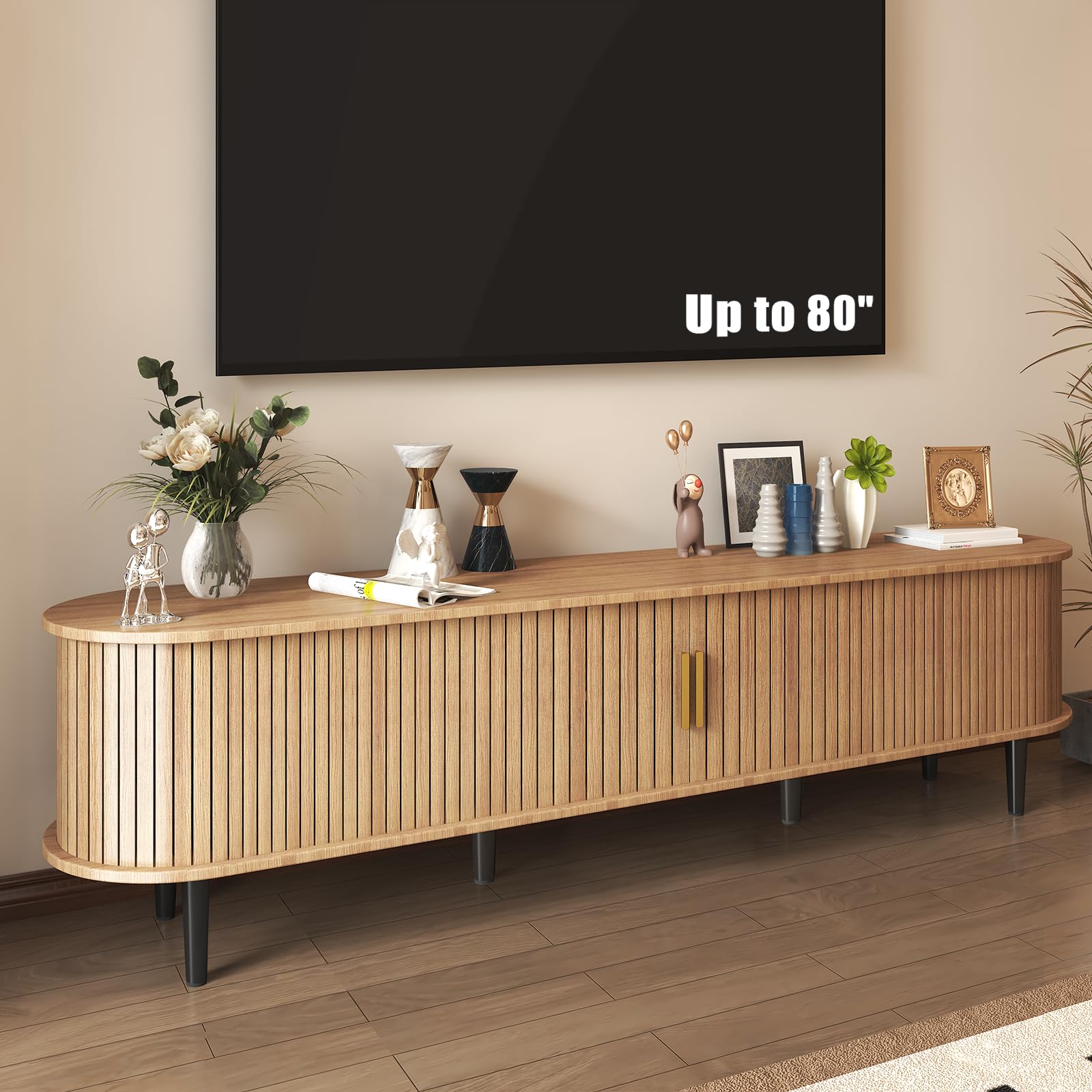 Photo 1 of ***FACTORY SEALED***Fohufo Wood TV Stands for Living Room - 70'' Mid-Century Modern TV Stand for Bedroom with Tambour Doors and Storage Cabinet, Media TV Console up to 80'' TVs, Fluted Entertainment Center