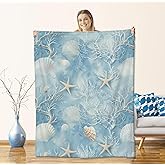 cromcu Oceanic Starfish Flannel Throw Blanket 60x50 Inch, Blue Coral Seashell Throws, Tranquil Marine Life Fleece Blankets for Couch, Bed, Sofa, Travel, Sea Lovers Novelty Gifts Decor