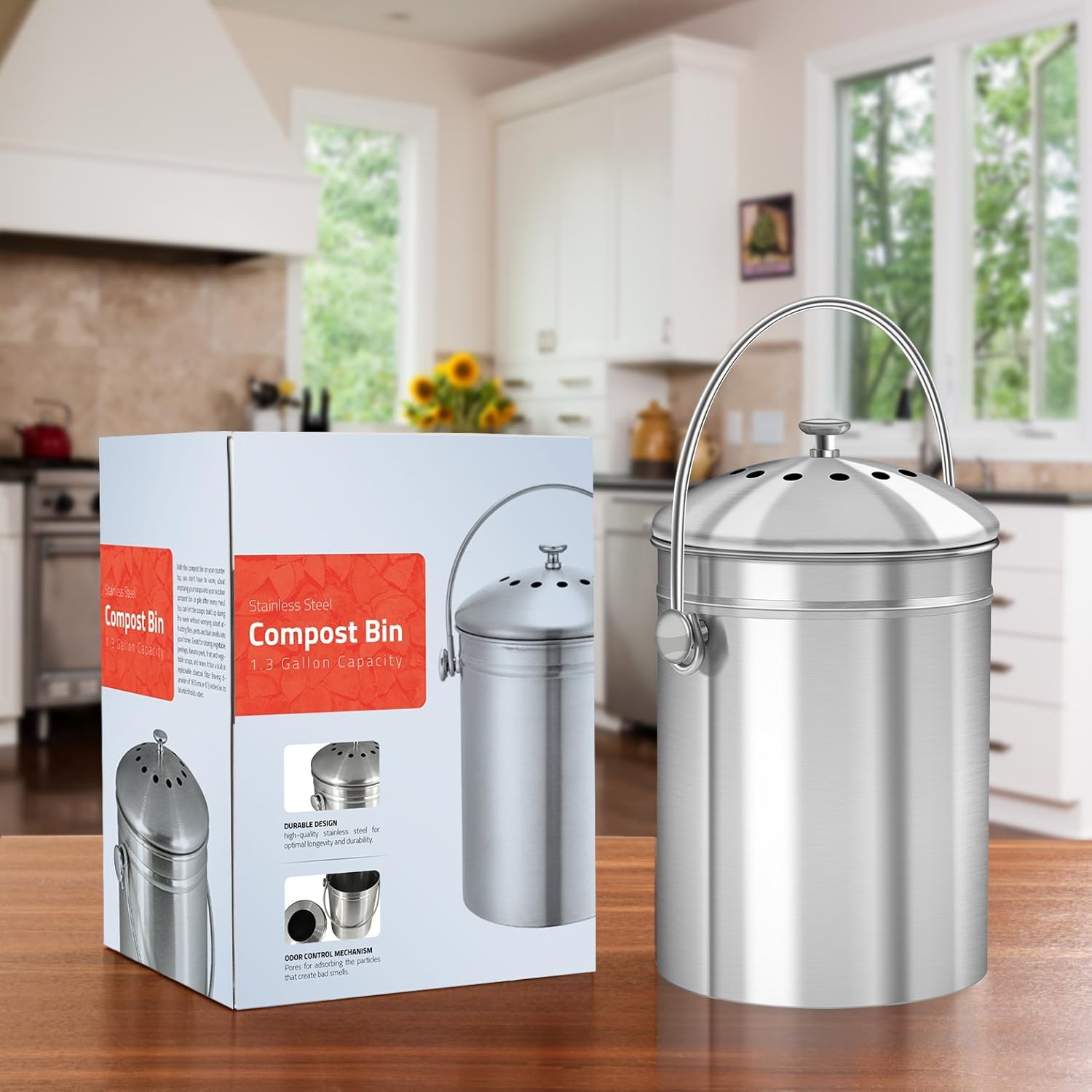 Utopia Kitchen Stainless Steel Compost Bin for Kitchen Countertop - 1.3 Gallon Compost Bucket for Kitchen with Lid - Includes 1 Spare Charcoal Filter: Kitchen & Dining